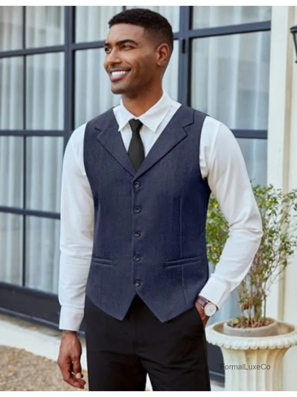 Men's Slim Fit Suit Vest Notch Lapel Waistcoat Formal Wedding with Adjustable